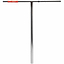 A chrome Tilt Stage I Steel Standard SCS Stunt Scooter handlebar, measuring 700mm by 610mm, features a T-shaped design crafted from 4130 Chromoly Steel. It showcases a horizontal bar and a vertical stem against a plain white background. An orange label from the brand Tilt adds an elegant touch to its polished finish near the top, enhancing its sleek design.