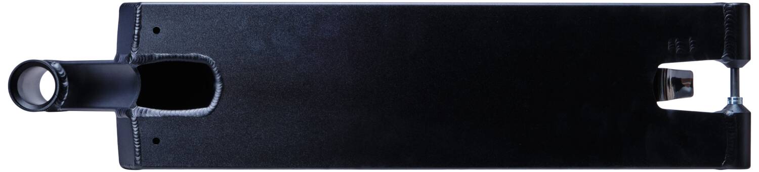 The Tilt Stage 1 Black Stunt Scooter Deck - 5.5" x 21" features a flat, rectangular box-cut design with a square cutout near the rear for the wheel and a cylindrical opening at the front for easy attachment. Its smooth surface and visible welds contribute to its exceptional street performance.