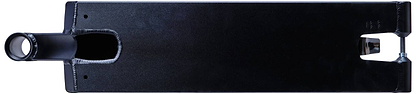 The Tilt Stage 1 Black Stunt Scooter Deck - 5.5" x 21" features a flat, rectangular box-cut design with a square cutout near the rear for the wheel and a cylindrical opening at the front for easy attachment. Its smooth surface and visible welds contribute to its exceptional street performance.