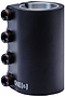 The Tilt Stage 1 Pro 4 Bolt SCS Stunt Scooter Clamp in black is a sleek cylindrical metal piece with four hex screws on one side. The phrase "ONE BY TILT" is elegantly printed in white near the bottom, offering a personalized scooter flair, while the open top reveals its silver interior.