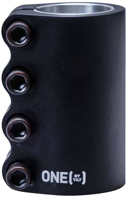 Introducing the Tilt Stage 1 Pro 4 Bolt SCS Stunt Scooter Clamp in a sleek black metal finish, showcasing four hex bolts on the side and engraved with "ONE BY TILT" at the bottom—a perfect addition for customizing your setup.