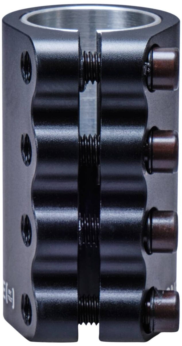 A black cylindrical metal coupling, named the Tilt Stage 1 Pro 4 Bolt SCS Stunt Scooter Clamp, is designed with a vertical slit and multiple bolts on the front for secure fitting. It features a smooth, sleek finish that is perfect for custom scooters or Stage I Pro setups.