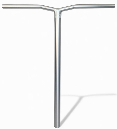 The Legacy Bend Titanium Oversized HIC Stunt Scooter Bars in chrome (660mm x 600mm) by Legacy feature a T-shaped, straight vertical stem and two horizontal grips, delivering a clean, lightweight, and durable design against a plain white background.