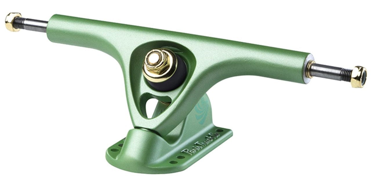 Displayed is a Paris V3 Tropic Green Longboard Truck, characterized by its sleek design. The truck features a polished gold bolt on top and a hollow center, reminiscent of the iconic Paris V3 style. Its baseplate is engraved with a logo and includes four mounting holes, emphasizing its compatibility with longboards.