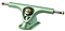 Displayed is a Paris V3 Tropic Green Longboard Truck, characterized by its sleek design. The truck features a polished gold bolt on top and a hollow center, reminiscent of the iconic Paris V3 style. Its baseplate is engraved with a logo and includes four mounting holes, emphasizing its compatibility with longboards.