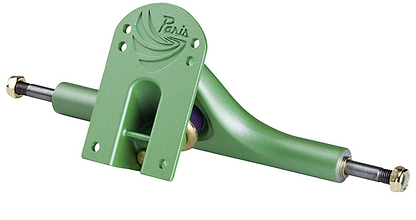 Paris V3 Tropic Green Longboard Trucks feature a logo engraved on the baseplate and silver axles. Specifically designed for use on skateboards or longboards, these trucks are equipped with urethane components that connect to wheels for optimal steering capability.