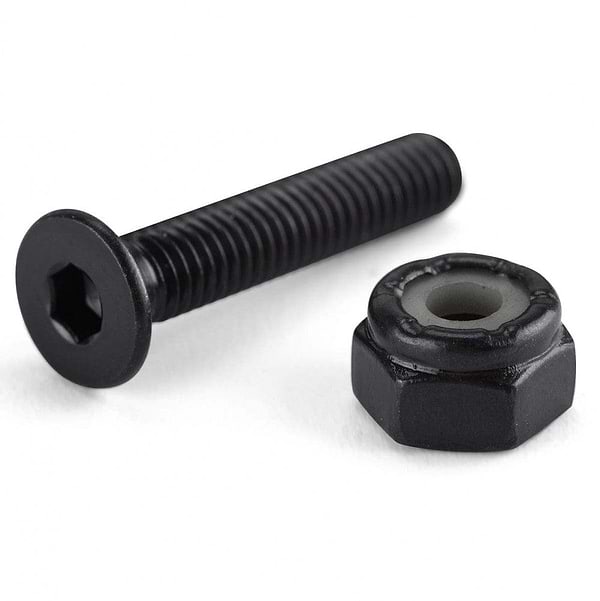 On a white background, an Osprey Skateboard Allen Truck Bolt in black, paired with a matching hex nut featuring a nylon insert, is displayed. The screw includes an Allen bolt head design ideal for secure fastening on skateboards or risers.