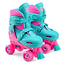 The Xootz Kids Adjustable Quad Roller Skates in vibrant pink and teal are perfect for children. Each skate is designed with four wheels and features buckle straps, offering affordability, safety, and sturdiness for exciting adventures.