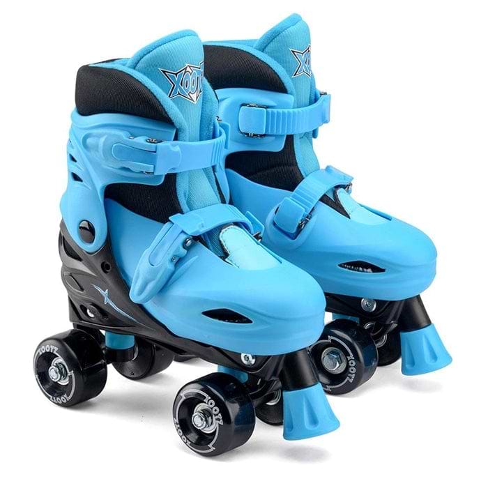 The Xootz Kids Adjustable Quad Roller Skates in Black and Blue are designed for children, featuring a supportive high-top design and four sturdy black wheels. These roller skates ensure a smooth ride with secure buckles and padded interiors for added foot protection, complemented by a cartoon logo on the ankle straps.