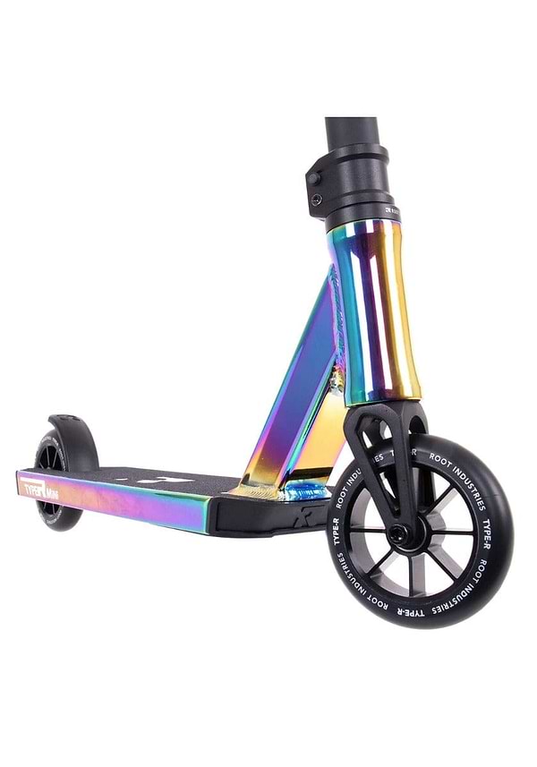 Close-up of the front section of the Root Industries Type R MINI Complete Stunt Scooter - Rocket Fuel Neochrome.