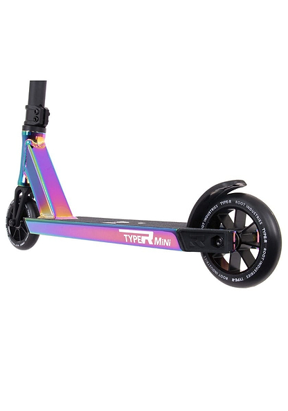 The Root Industries Type R MINI Complete Stunt Scooter in Rocket Fuel Neochrome boasts a vibrant rainbow metallic finish.