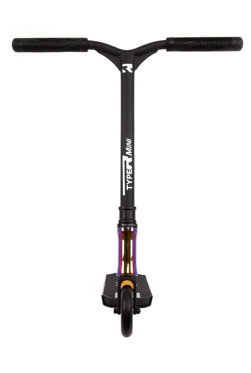 The front view of the Root Industries Type R MINI Complete Stunt Scooter - Rocket Fuel Neochrome.