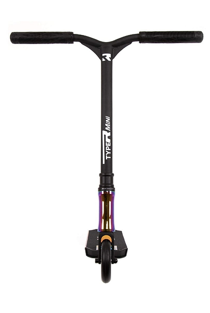 The front view of the Root Industries Type R MINI Complete Stunt Scooter - Rocket Fuel Neochrome.