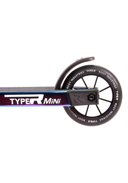 Close-up of a black scooter wheel from the Root Industries Type R MINI Complete Stunt Scooter - Rocket Fuel Neochrome.