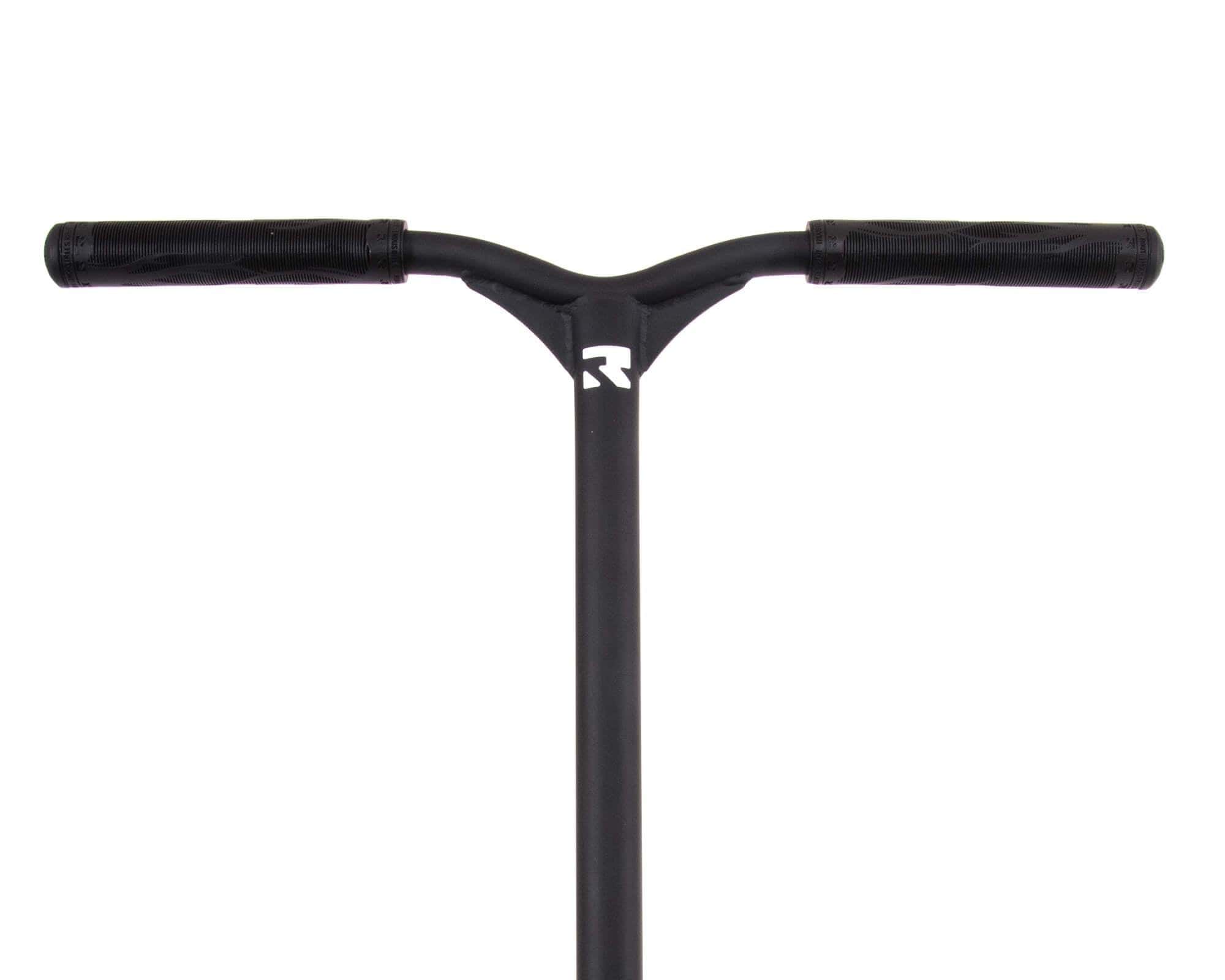 A close-up shot of the handlebar on the Root Industries Type R Complete Stunt Scooter in black showcases its sleek design with rubber grips and a Type R logo near the center. The plain white background highlights its elegant simplicity, making it perfect for any stunt scooter enthusiast.