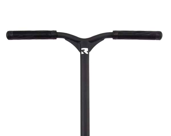 A close-up shot of the handlebar on the Root Industries Type R Complete Stunt Scooter in black showcases its sleek design with rubber grips and a Type R logo near the center. The plain white background highlights its elegant simplicity, making it perfect for any stunt scooter enthusiast.