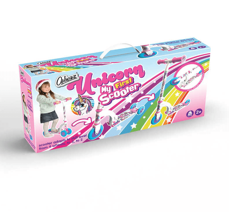 The Ozbozz My First Foldable Kids Kick Scooter - Unicorn packaging is vibrant with pink, blue, and yellow highlights. It features a helmeted child riding the scooter alongside the text "My First Unicorn Scooter." Appropriate for ages 2 and up.