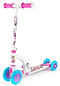 The Ozbozz My First Foldable Kids Kick Scooter - Unicorn by Ozbozz features a white frame, pink handles, and teal and purple wheels. It has cartoon characters on the handlebar stem and footboard. Perfect for children seeking fun on the go!.