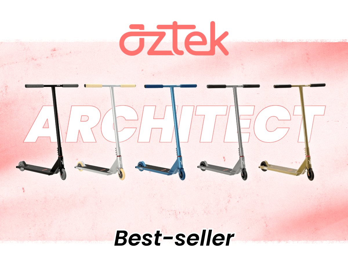 Five Aztek Architect 2 Complete Stunt Scooters by Aztek, including Satin Black, are lined up against a white and pink background with "Aztek Architect" and "Best-seller" text.