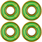 The UrbanArtt 8STD Scooter Bearings - 4 Pack, featuring green and gold accents with decorative text and concentric colored rings, are arranged in a square pattern on a white background. Designed by UrbanArtt for enhanced scooter speed, these bearings are suitable for an 8mm axle.