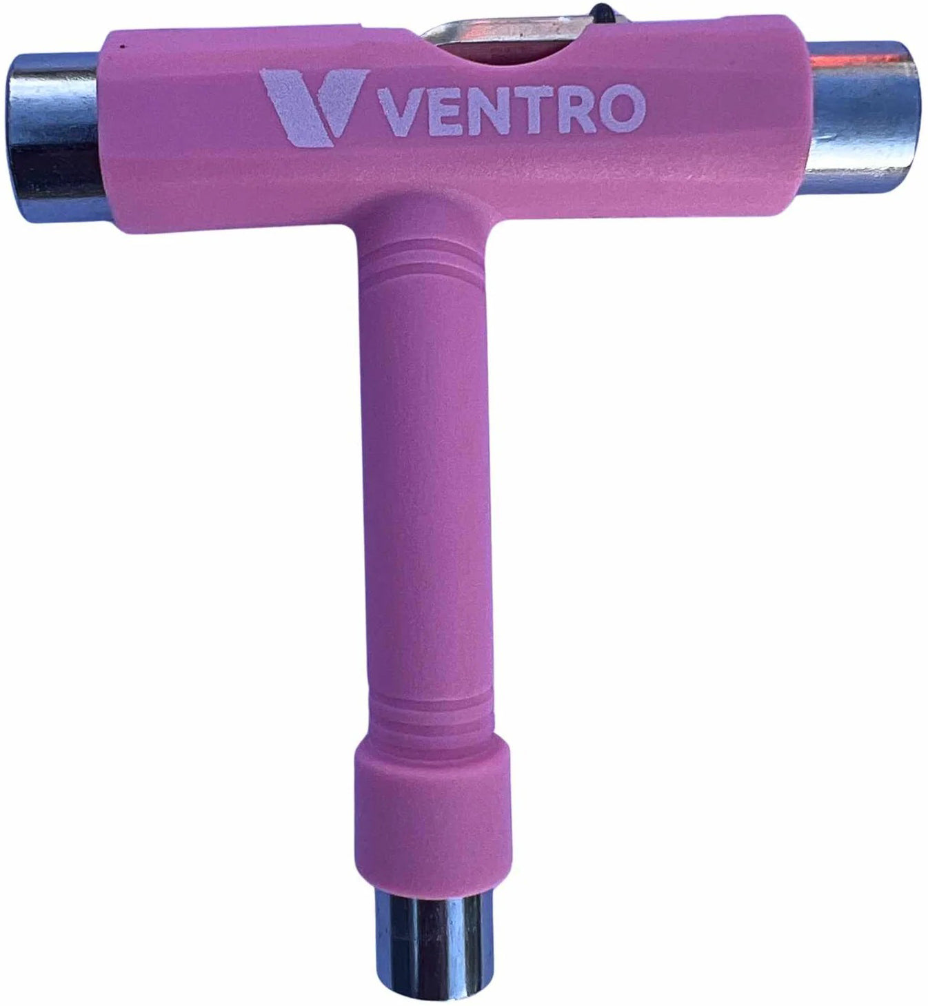 A Ventro Roller Skates / Skateboard Multi T-Tool in pink, made by Ventro, featuring metal sockets on each end for adjusting skateboard hardware.