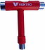 A red Ventro Roller Skates / Skateboard Multi T-Tool, featuring metal sockets at each end and branded with “Ventro,” is designed for effortless adjustment of skateboard hardware. This versatile tool is ideal for convenient on-the-go tuning and maintenance.