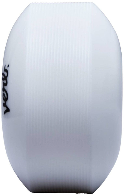 A white cylindrical object with a ribbed texture, featuring a small black logo on the side, reminiscent of the Verb Dip 52mm 99A Skateboard Wheels in Marble Mint Green design.