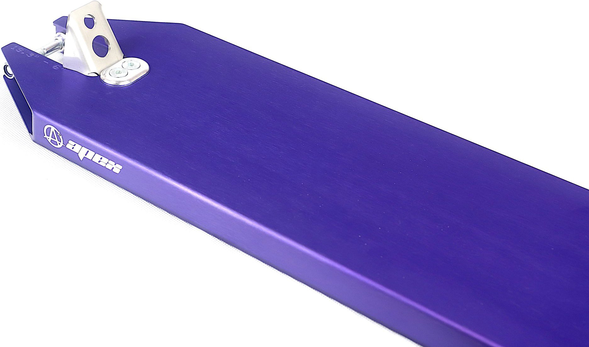 Close-up of the Apex Angled Violet Stunt Scooter Deck - 6″ by Apex, featuring durable 6061-T6 aluminium construction, a silver mounting bracket, and the visible logo on the left side, set against a white background.