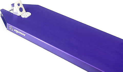 Close-up of the Apex Angled Violet Stunt Scooter Deck - 6″ by Apex, featuring durable 6061-T6 aluminium construction, a silver mounting bracket, and the visible logo on the left side, set against a white background.