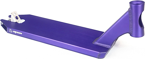 The Apex Angled Violet Stunt Scooter Deck - 6″ by Apex, featuring a 6061-T6 aluminium construction with a silver brake and integrated headtube, is displayed on a white background.