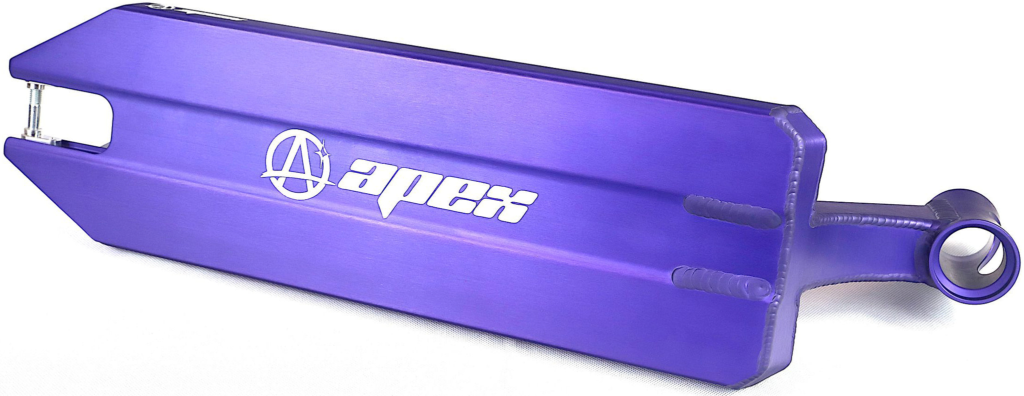 The Apex Angled Violet Stunt Scooter Deck - 6″ by Apex features a bold violet finish with the signature white “apex” logo, a rear cutout design, and a circular front hole for attachment. Precision-crafted from durable 6061-T6 aluminium, this street scooter deck offers angular edges and a sleek metallic appearance.