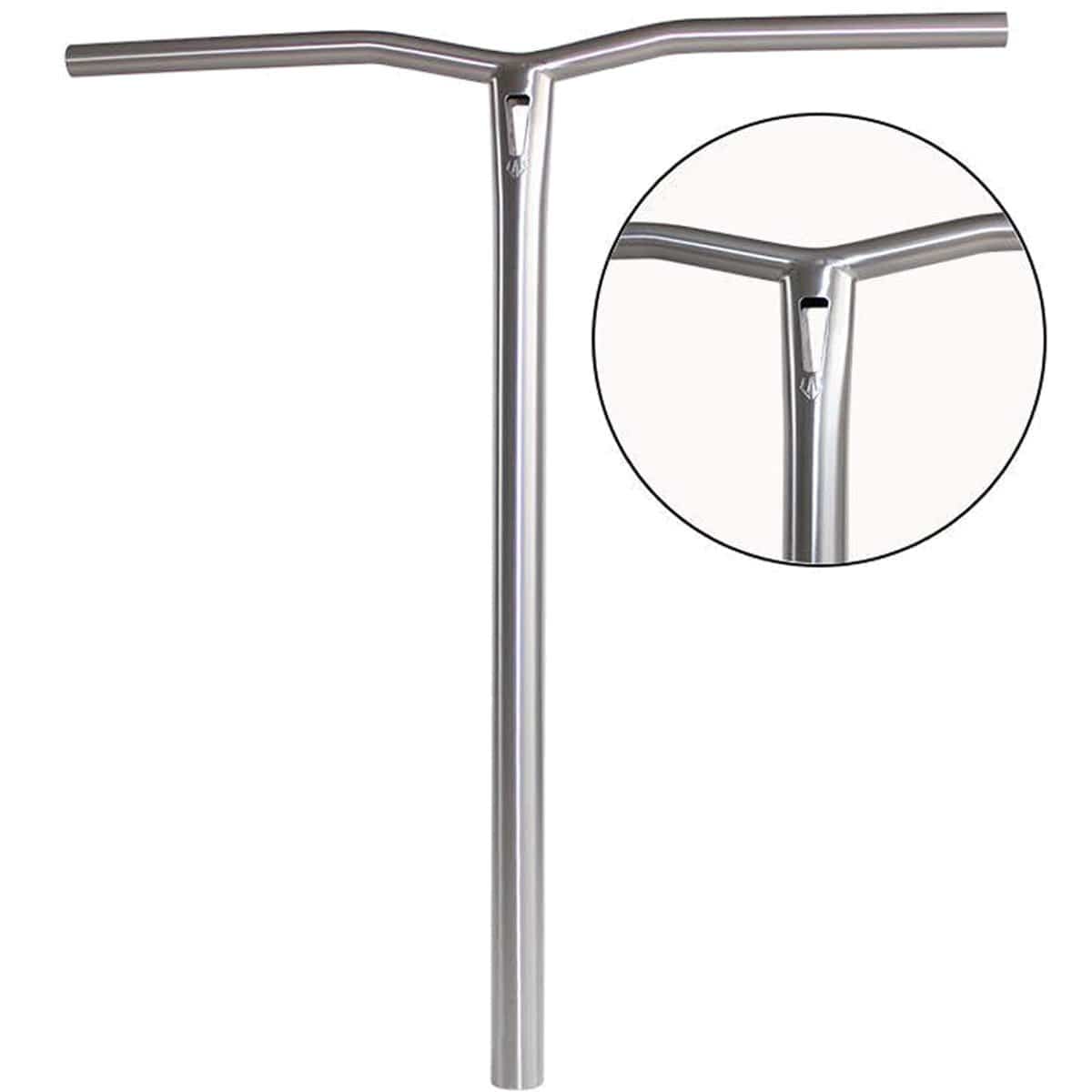 Behold the Entity Vulcan Titanium Oversized SCS Stunt Scooter Bars in silver, expertly crafted from Grade 9 titanium and measuring 670mm by 610mm. This T-shaped handlebar highlights the joint area and smooth finish in a close-up inset, embodying the high standards synonymous with Entity Pro bars.