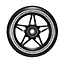 The Blunt Envy One S3 110mm stunt scooter wheel showcases a sleek black five-spoke design. The rim is marked with "One Hundred Ten x Twenty Four mm" and "86A," denoting its size and hardness. This durable Blunt Envy wheel comes equipped with high-quality scooter wheels and ABEC 9 bearings, featuring a central hub for easy mounting.