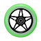 Close-up of a Blunt Envy One S3 110mm stunt scooter wheel featuring a black five-spoke hub. The durable green rim showcases the text "ONE HUNDRED TEN X TWENTY FOUR MM" and "86A" in white, making it ideal for stunt scooters.