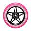 The Blunt Envy One S3 110mm Stunt Scooter Wheel in black and pink showcases a sleek five-spoke design. Ideal for stunts, it features precise ABEC 9 bearings and "One Hundred Ten x Twenty Four MM 86A" is elegantly displayed in white around the edge.