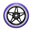 A close-up of a Blunt Envy One S3 110mm Stunt Scooter Wheel in black and purple showcases its black star-shaped inner rim. The edge is adorned with white text, reading "ONE HUNDRED TEN X TWENTY FOUR MM 86A." This wheel is constructed with durable 86A polyurethane and houses an ABEC 9 bearing at the center, ensuring optimal performance.
