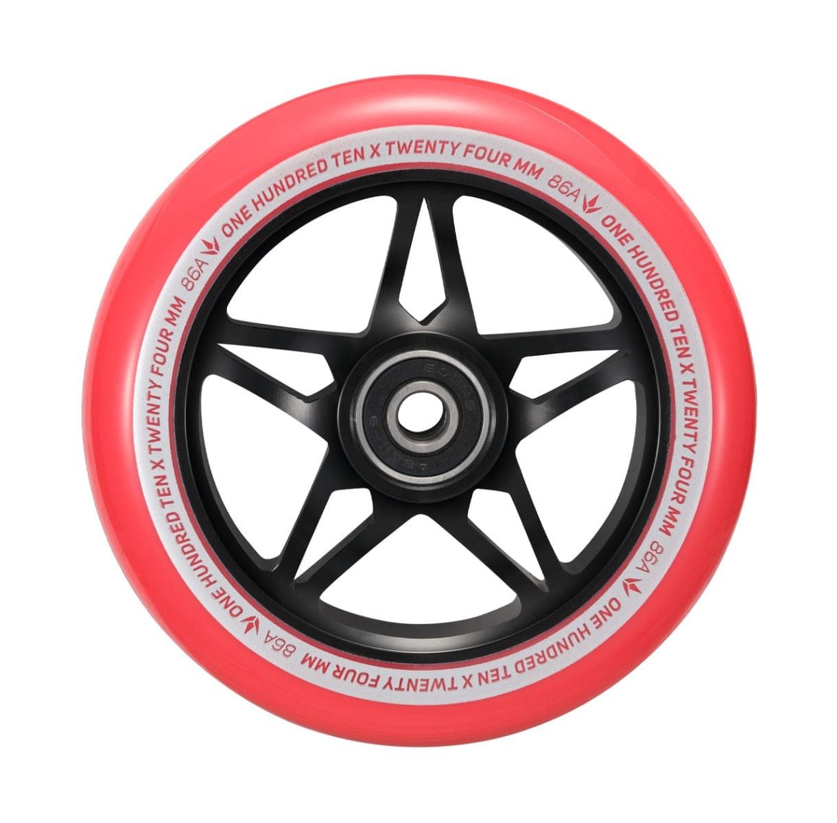 A Blunt Envy stunt scooter wheel in black and red, showcasing a star-shaped spoke design. Made from durable 86A polyurethane, it features "One Hundred Ten x Twenty Four mm 86A V" printed in red along the edge. The Blunt Envy One S3 110mm wheel is elegantly displayed against a white background.