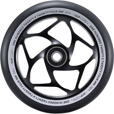 The Blunt Envy 120mm GAP Core stunt scooter wheel in black features a close-up view of its striking geometric spoke design with the tire displaying the text "One Hundred Twenty X Twenty Four MM 86A - GAP Core.