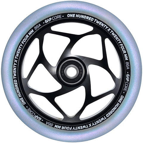 A detailed view of a Blunt Envy 120mm GAP Core Stunt Scooter Wheel, showcasing its black, spoked core with white "One Hundred Twenty Four MM 86A - GAP CORE" lettering around the rim. The wheel's outer edge features a slightly iridescent finish, similar to the sleek design seen in Blunt Envy stunt scooter wheels.