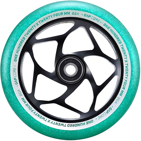 Introducing the Blunt Envy 120mm GAP Core Stunt Scooter Wheel in black and jade, featuring an intricate spoked hub design. The text on the wheel boasts "ONE HUNDRED TWENTY FOUR MM 86A" and "GAP CORE." Perfect for Blunt Envy stunt scooters, it delivers excellent performance with ABEC 9 bearings.
