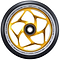 The Blunt Envy 120mm GAP Core Stunt Scooter Wheel in Gold and Black showcases an eye-catching gold, geometric star-like hub design coupled with a black outer rubber. The wheel is encircled by text stating "ONE HUNDRED TWENTY X TWENTY FOUR MM 86A GAP CORE," making it an ideal enhancement for your stunt scooter setup.