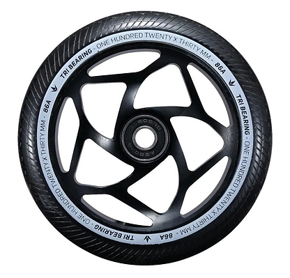 Introducing the Blunt Envy Tri-Bearing 120mm X 30mm Scooter Wheel in Black, this stylish wheel features a sleek, intricate spoke design that enhances control. The outer edge is marked with "TRI BEARING - ONE HUNDRED TWENTY x THIRTY MM / 86A," highlighting its advanced Tri-Bearing hub prominently at the center.