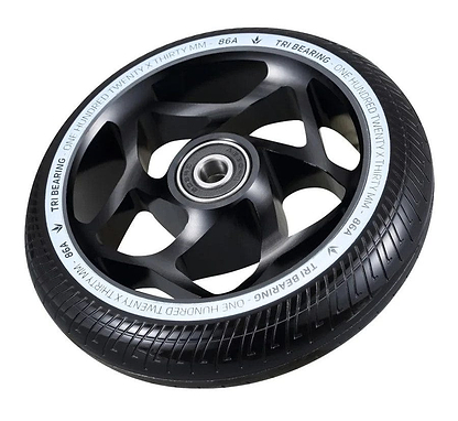 A Blunt Envy scooter wheel in black, featuring a Tri-Bearing design with a 120mm diameter and 30mm width. The center includes a silver bearing, while the outer edge displays "TRI BEARING ONE HUNDRED TWENTY x THIRTY MM 86A." Its unique design with multiple cutouts enhances control and provides a modern aesthetic.