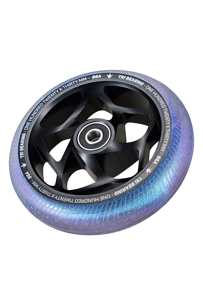 A close-up of the Blunt Envy Tri-Bearing 120mm x 30mm Scooter Wheel in Black/Galaxy showcases its metallic purple tire with a central Tri-Bearing design. The wheel features a star-shaped spoke pattern and text around its circumference, promising increased control, all set against a white background.