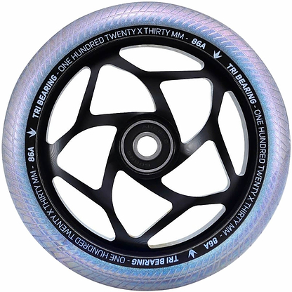 The image showcases a close-up of the Blunt Envy Tri-Bearing 120mm X 30mm Scooter Wheel in Black / Galaxy, featuring a translucent, iridescent edge. The rim is inscribed with the details "One Hundred Twenty x Thirty MM, 86A, TRI Bearing." Its design includes angular cutouts around the hub for enhanced control and grip provided by its Tri-Bearing feature.
