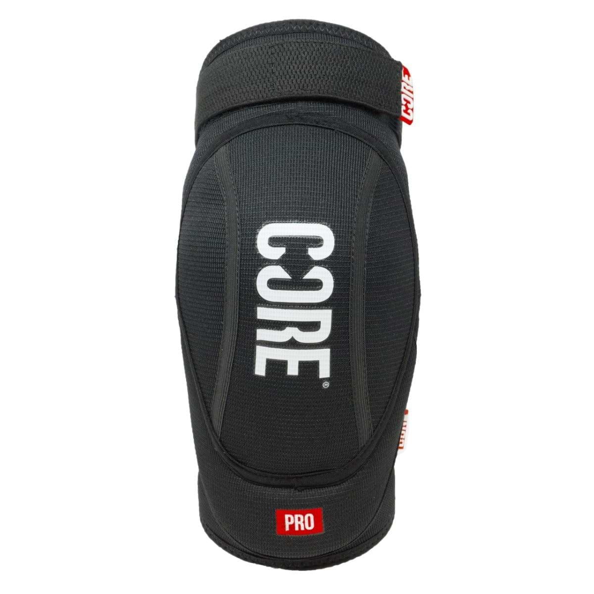 Introducing the CORE Pro Knee Gasket Skate Protection Pads - Black, offering exceptional shock absorption with a bold white "CORE" logo displayed on the front. The stylish design includes a red "PRO" tag at the bottom and is accentuated by reinforced stitching for superior protection and durability.