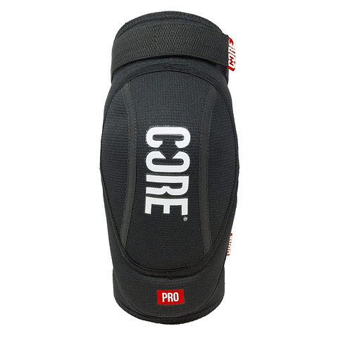 Introducing the CORE Pro Knee Gasket Skate Protection Pads - Black, offering exceptional shock absorption with a bold white "CORE" logo displayed on the front. The stylish design includes a red "PRO" tag at the bottom and is accentuated by reinforced stitching for superior protection and durability.
