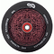The Infinity Spirit 120mm Stunt Scooter Wheel - Red showcases a detailed red and black intricate pattern with Hollowcore technology for improved performance. It features an Infinity stylized symbol atop the design and is ideal for stunt scooters equipped with ABEC 9 bearings.