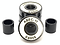 A close-up of three Logic ABEC 11 White Scooter Bearings stacked vertically, with two additional bearings from the same 4-pack lying on their sides nearby. The black bearings, featuring white labeling around the center opening, are designed for optimal performance speed.