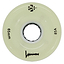 A cream-colored Luminous LED 85A Quad Roller Skate Wheel (White Glow, 65mm) has "65mm" and "85A durometer" printed on it, a central axle hole, the Luminous brand name, and black logos.